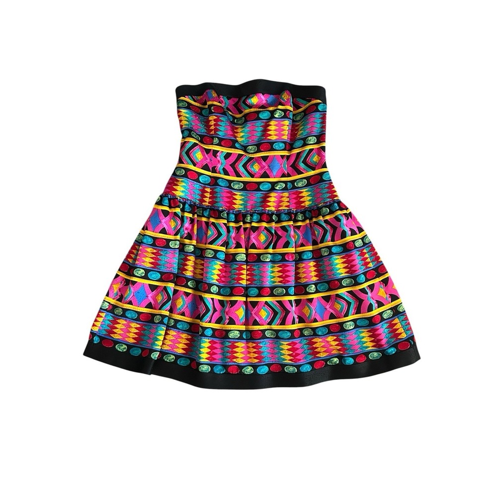 Vintage AJ Bari Dress Strapless Silk Cocktail Size 14 Vibrant Geometric Colorful